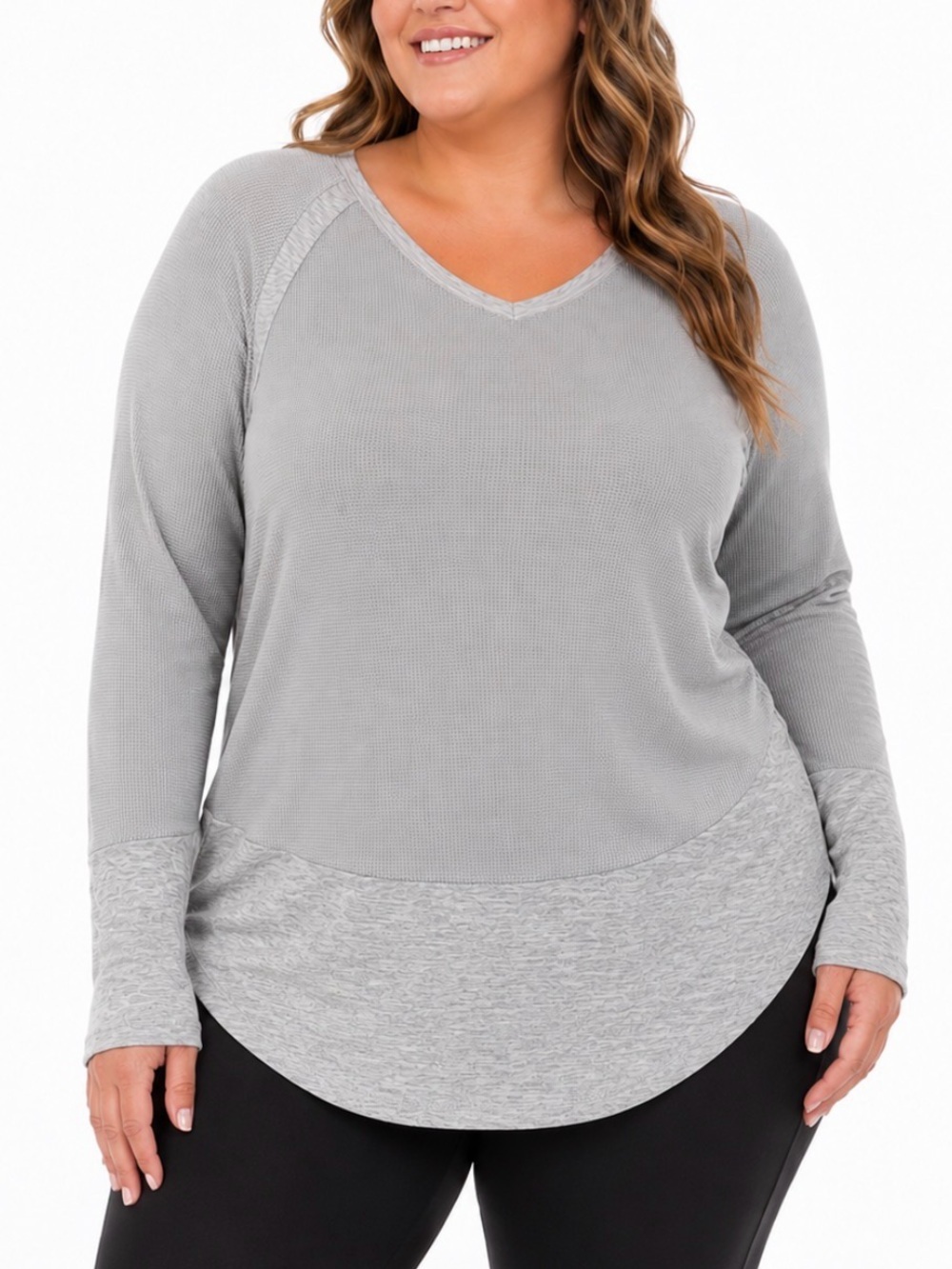Flamingo Gray color block Waffle Knit Layered Hem Top tunic top SZ XL